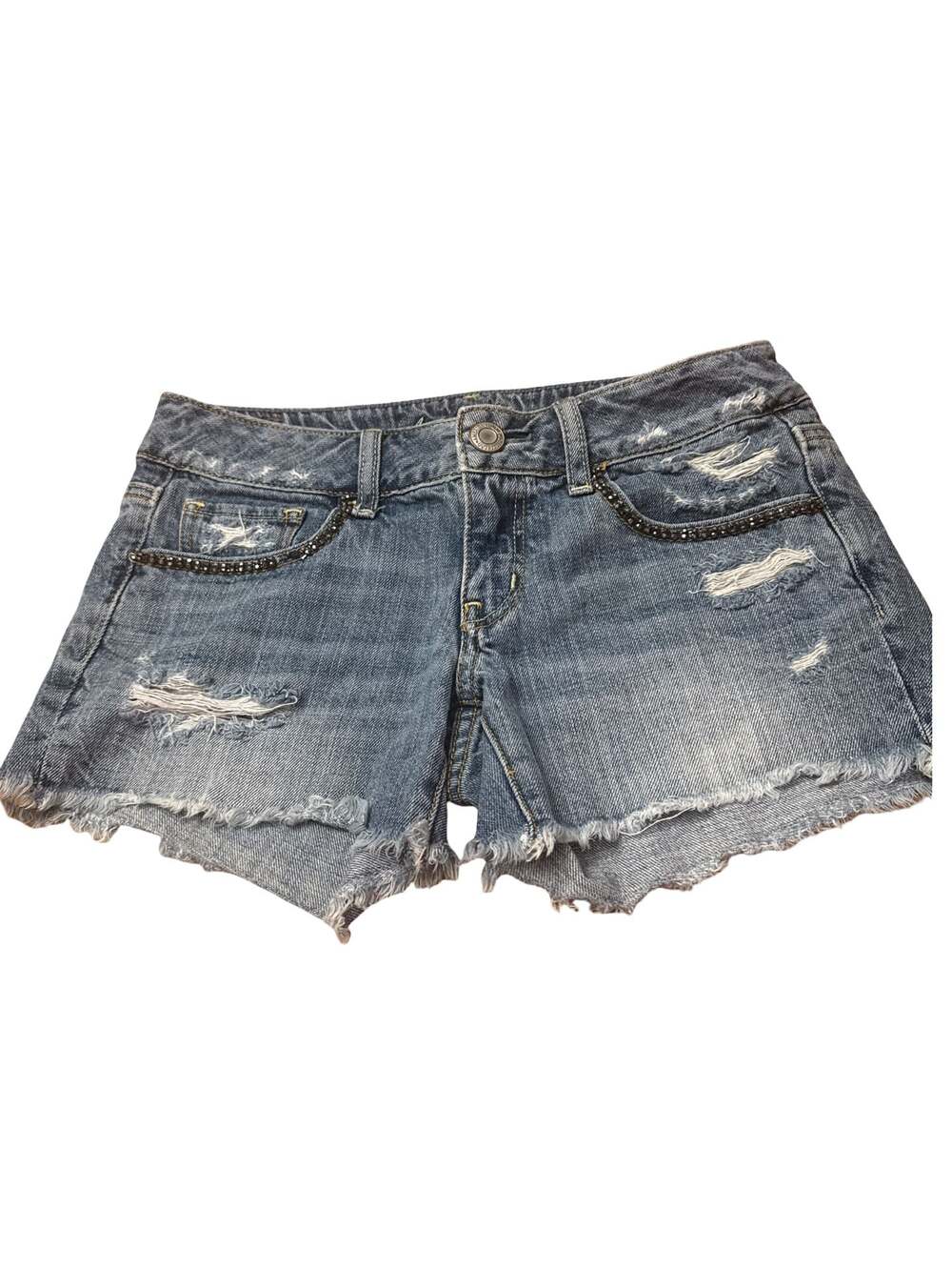 American Eagle Outfitters Distressed Denim Cut-Off Shorts with Rhinestone Pocket
